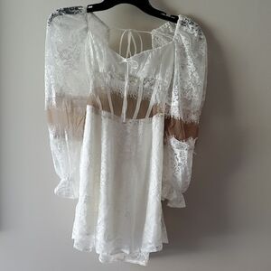 Elegant Lace Blouse in White and Tan